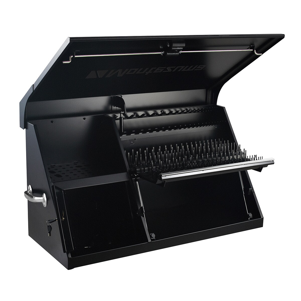 Caja de herramientas de acero Montezuma Triangle de 41.75 pulgadas de ancho x 21.625 pulgadas de alto x 18 pulgadas de profundidad (Negro) DX411B