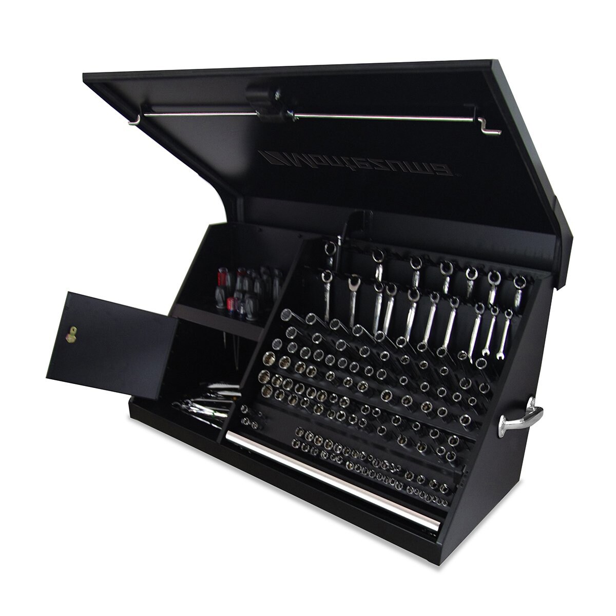 Caja de herramientas de acero Montezuma Triangle de 41.75 pulgadas de ancho x 21.625 pulgadas de alto x 18 pulgadas de profundidad (Negro) DX411B