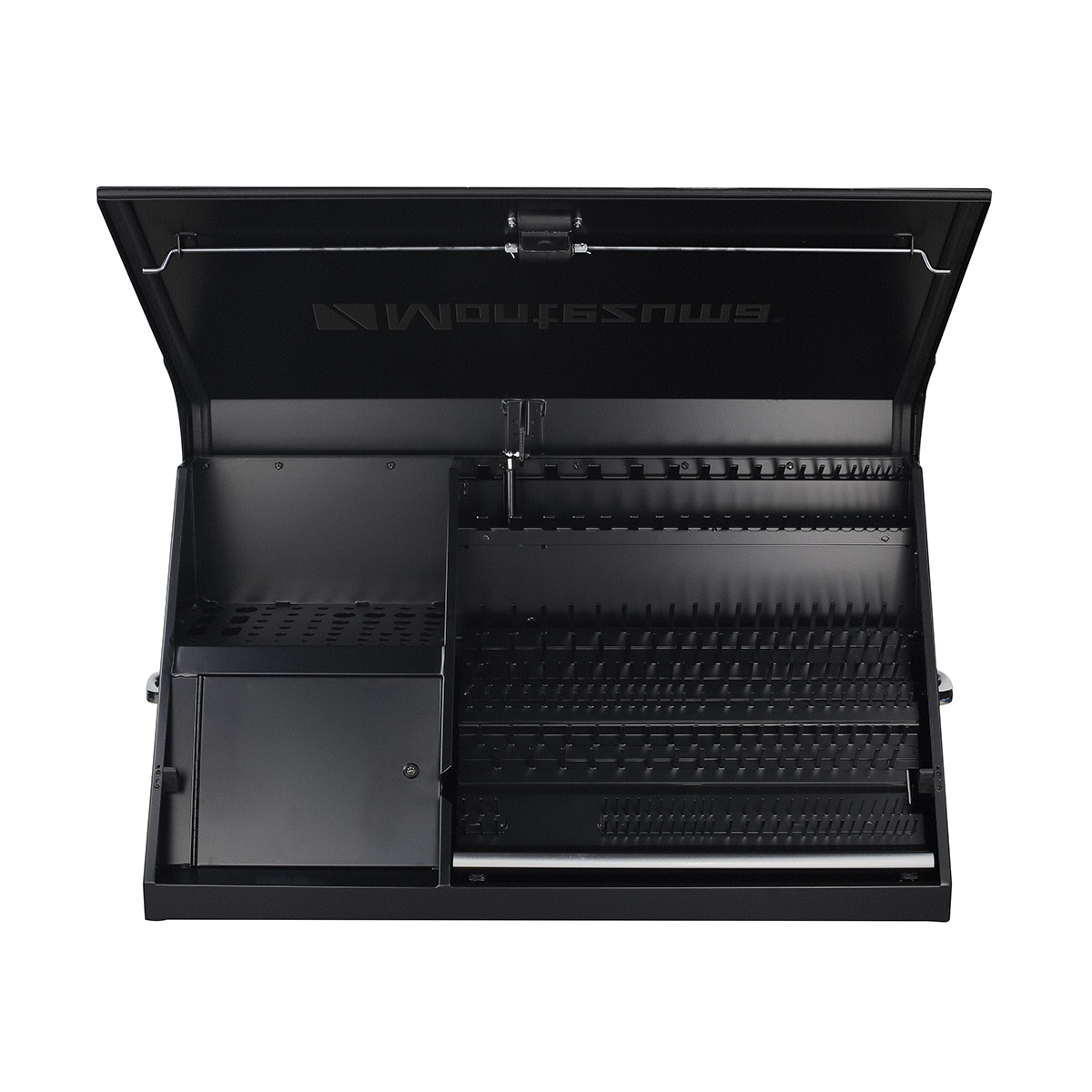 Caja de herramientas de acero Montezuma Triangle de 41.75 pulgadas de ancho x 21.625 pulgadas de alto x 18 pulgadas de profundidad (Negro) DX411B