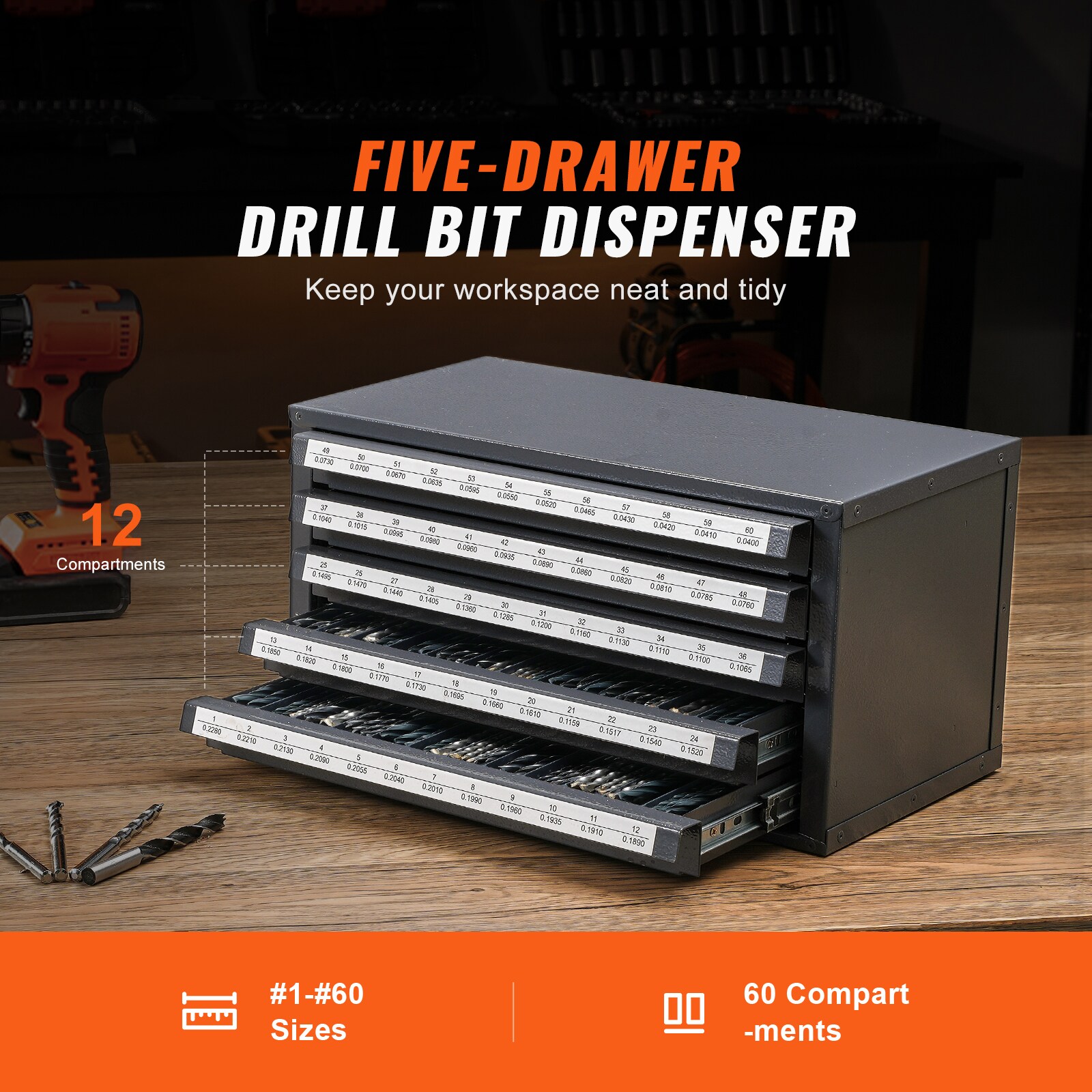 Dispensador de brocas VEVOR #1-#60 14.8 pulgadas de ancho x 7.9 pulgadas de alto x 7.9 pulgadas de profundidad, caja de herramientas de acero con 5 cajones (negro) WCZTFPXD160WCGXXBV0