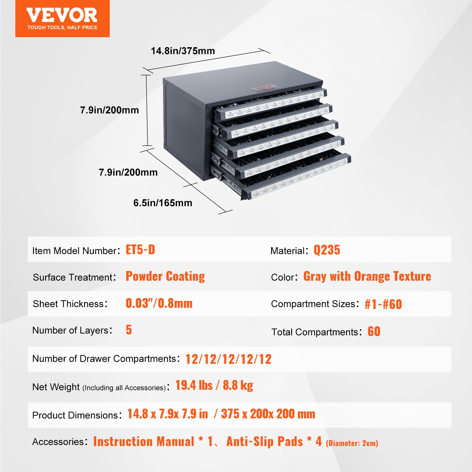 Dispensador de brocas VEVOR #1-#60 14.8 pulgadas de ancho x 7.9 pulgadas de alto x 7.9 pulgadas de profundidad, caja de herramientas de acero con 5 cajones (negro) WCZTFPXD160WCGXXBV0