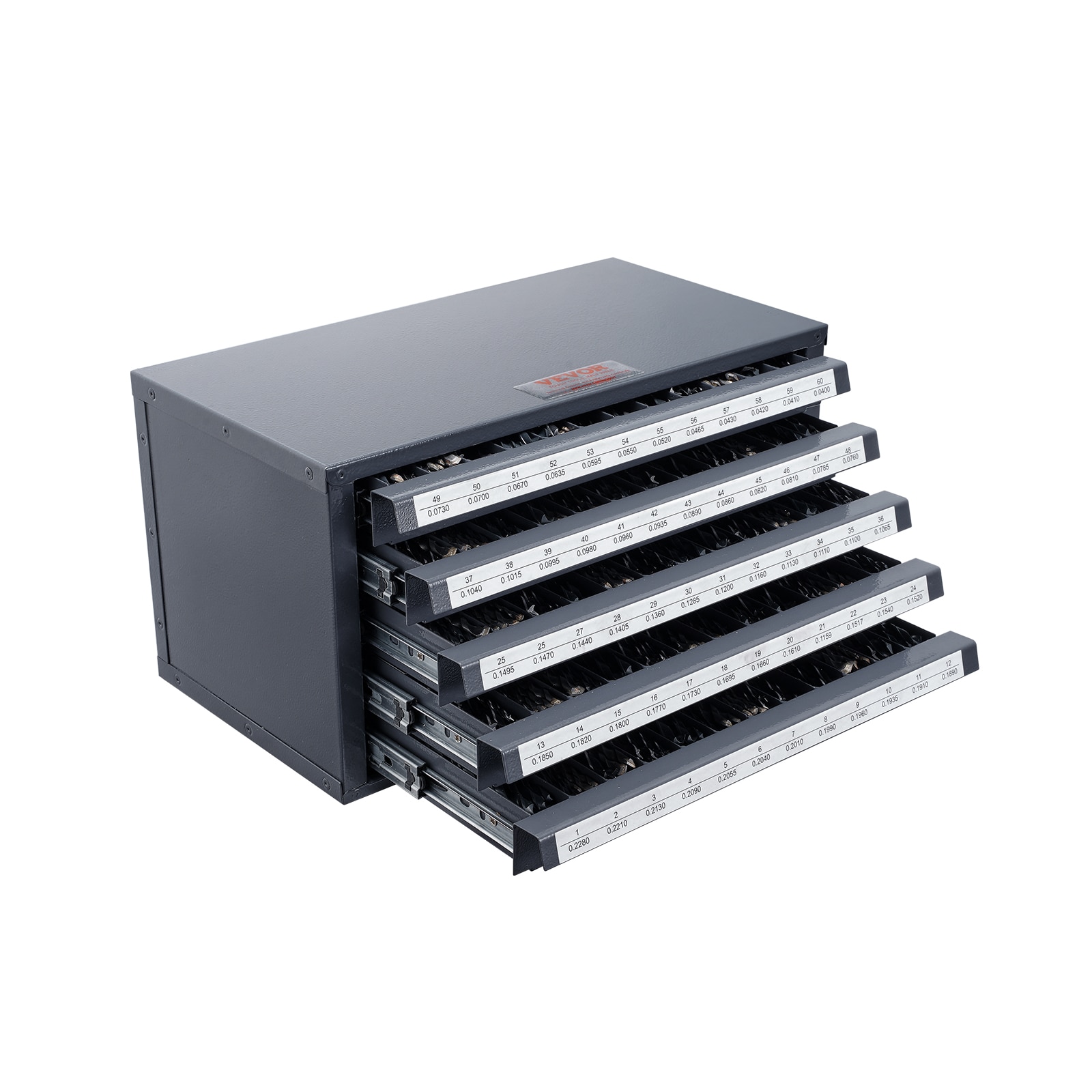 Dispensador de brocas VEVOR #1-#60 14.8 pulgadas de ancho x 7.9 pulgadas de alto x 7.9 pulgadas de profundidad, caja de herramientas de acero con 5 cajones (negro) WCZTFPXD160WCGXXBV0