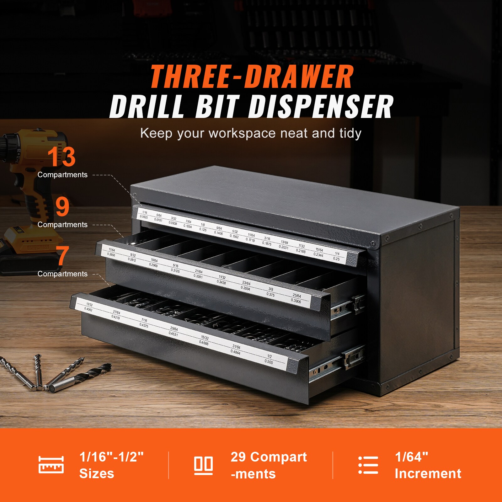 Dispensador de brocas VEVOR 1/16"-1/2" 14.8 pulgadas de Ancho x 7.9 pulgadas de Alto x 7.9 pulgadas de Profundo Caja de herramientas de acero de 3 cajones (Negro)