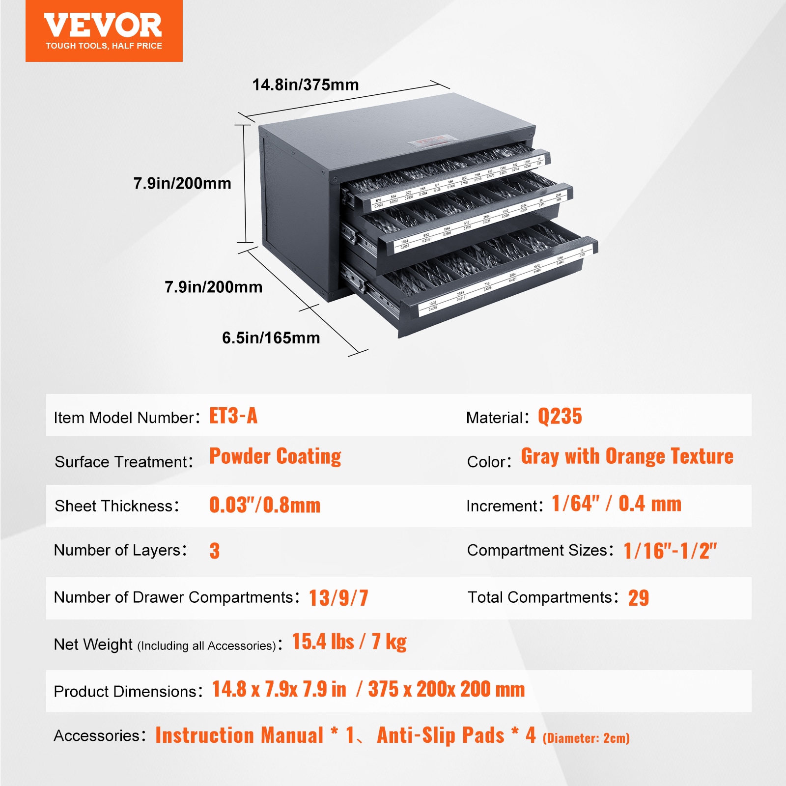 Dispensador de brocas VEVOR 1/16"-1/2" 14.8 pulgadas de Ancho x 7.9 pulgadas de Alto x 7.9 pulgadas de Profundo Caja de herramientas de acero de 3 cajones (Negro)
