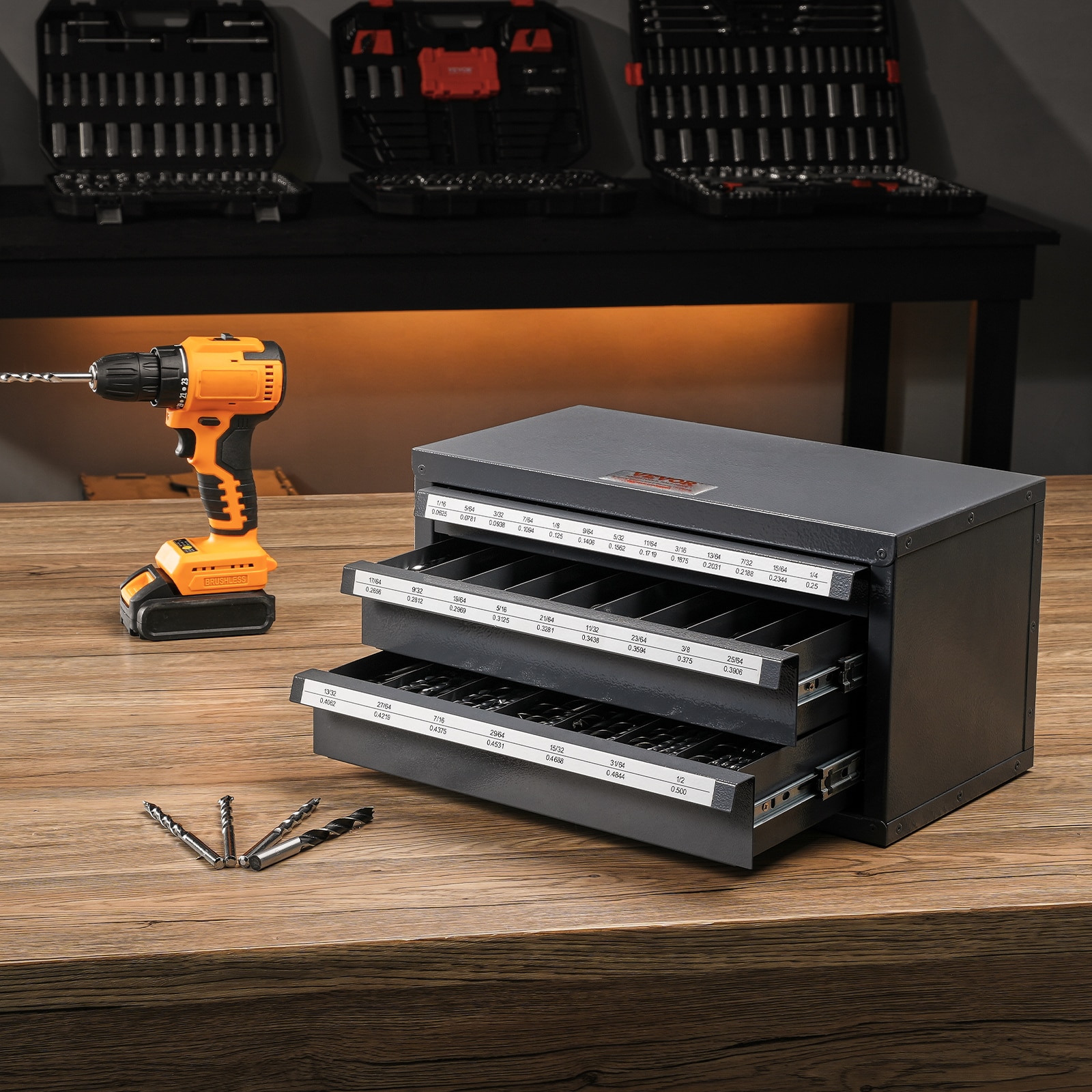 Dispensador de brocas VEVOR 1/16"-1/2" 14.8 pulgadas de Ancho x 7.9 pulgadas de Alto x 7.9 pulgadas de Profundo Caja de herramientas de acero de 3 cajones (Negro)