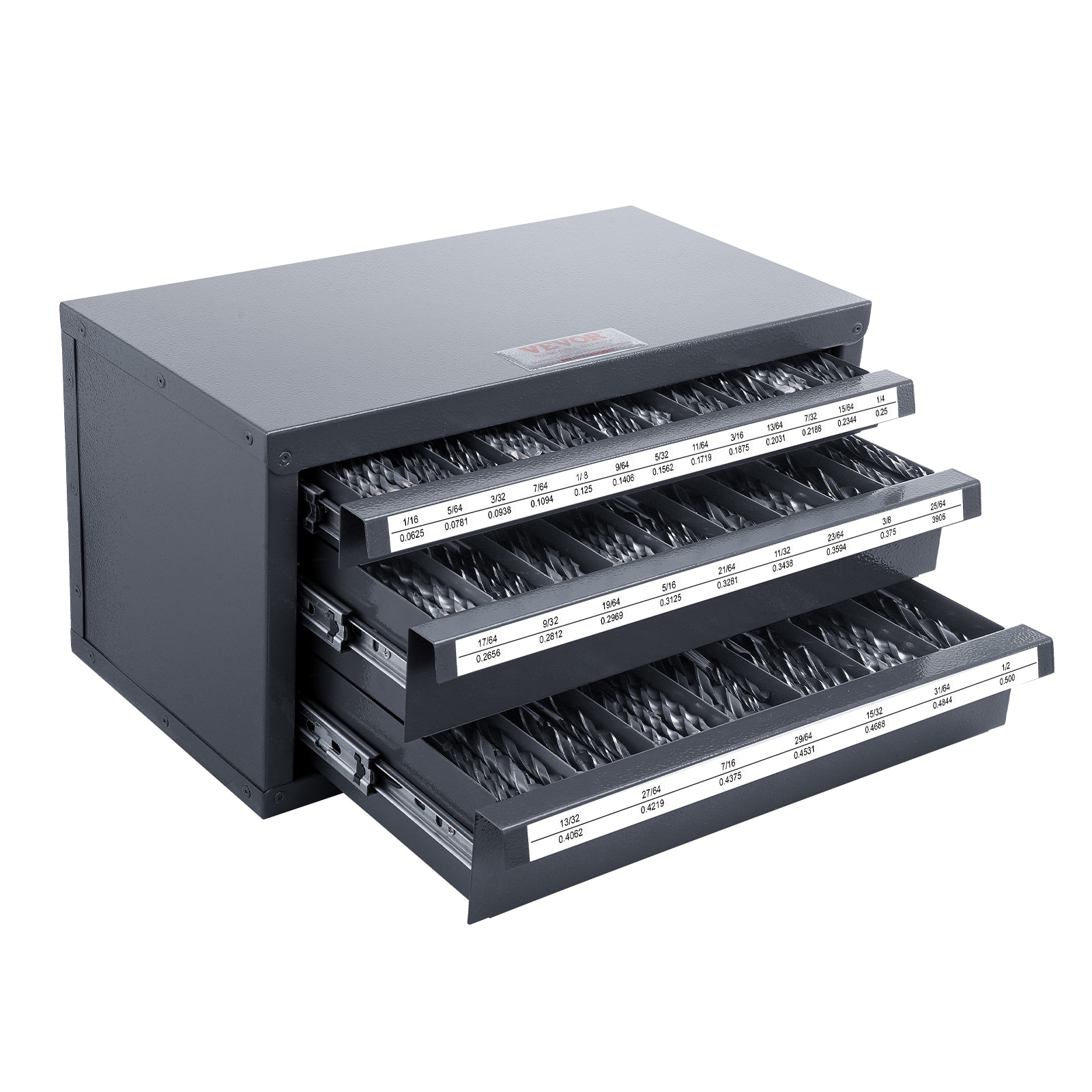 Dispensador de brocas VEVOR 1/16"-1/2" 14.8 pulgadas de Ancho x 7.9 pulgadas de Alto x 7.9 pulgadas de Profundo Caja de herramientas de acero de 3 cajones (Negro)