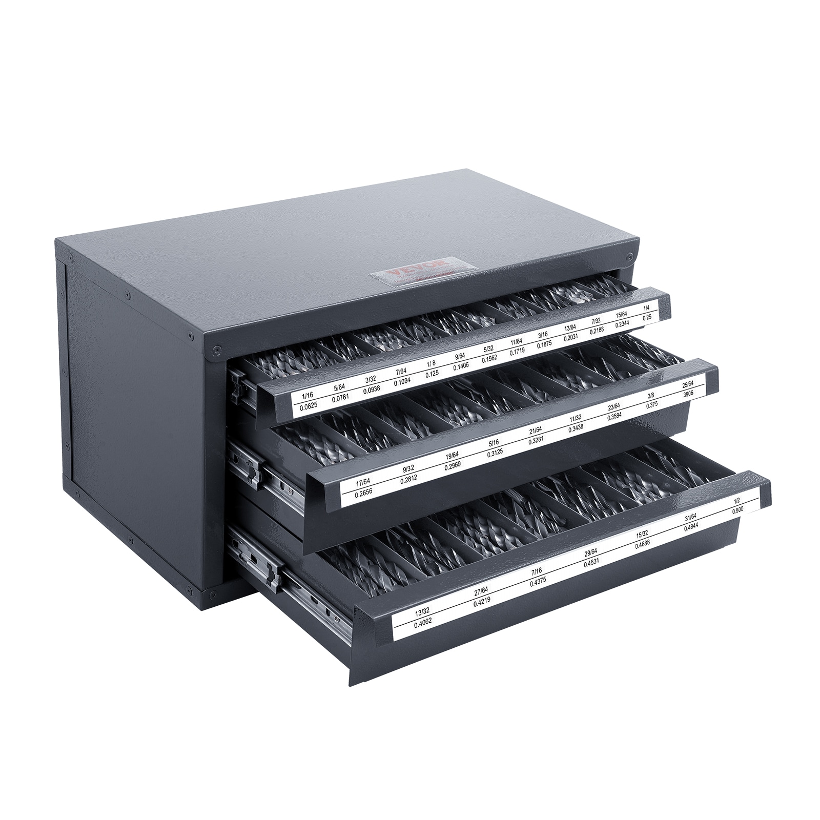 Dispensador de brocas VEVOR 1/16"-1/2" 14.8 pulgadas de Ancho x 7.9 pulgadas de Alto x 7.9 pulgadas de Profundo Caja de herramientas de acero de 3 cajones (Negro)