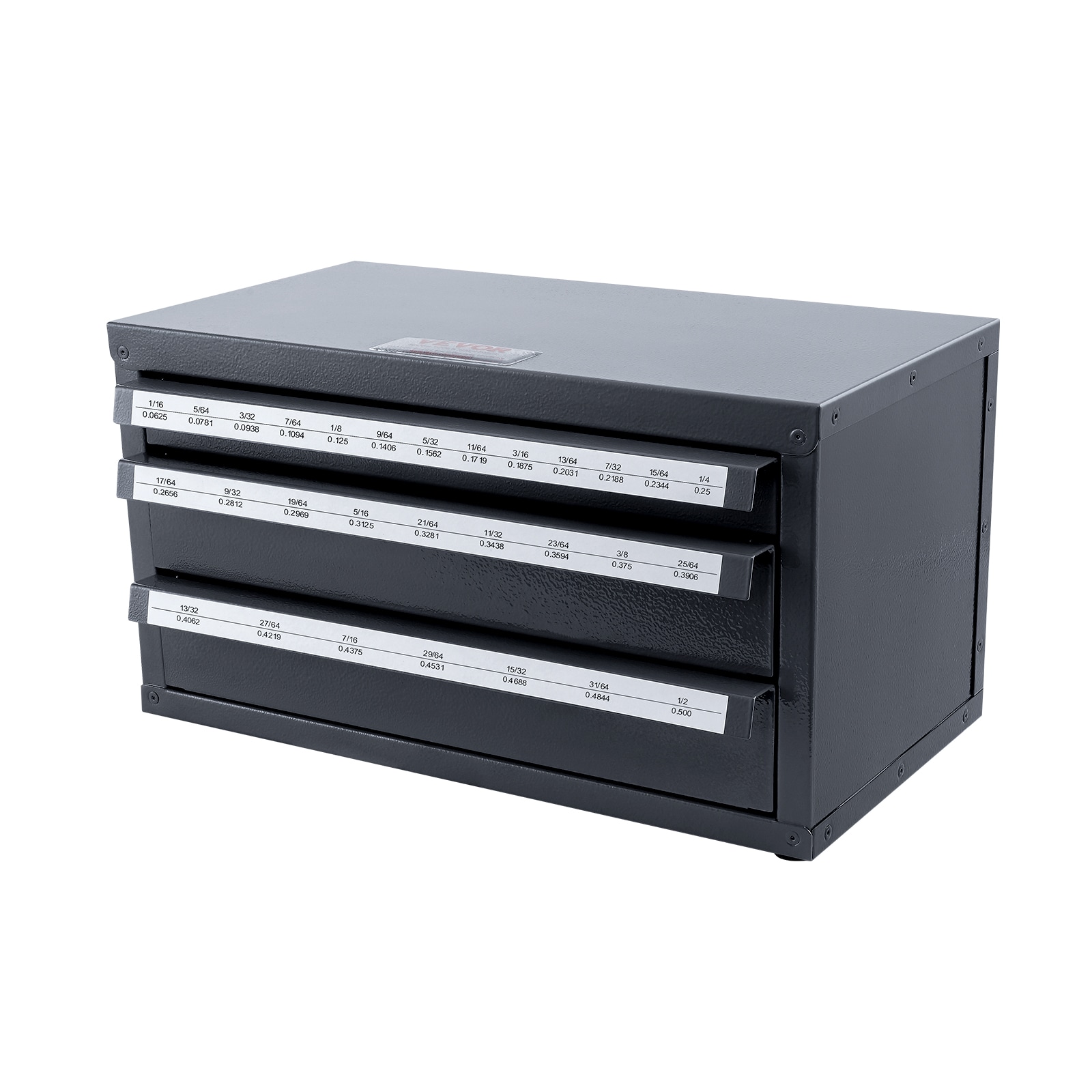 Dispensador de brocas VEVOR 1/16"-1/2" 14.8 pulgadas de Ancho x 7.9 pulgadas de Alto x 7.9 pulgadas de Profundo Caja de herramientas de acero de 3 cajones (Negro)
