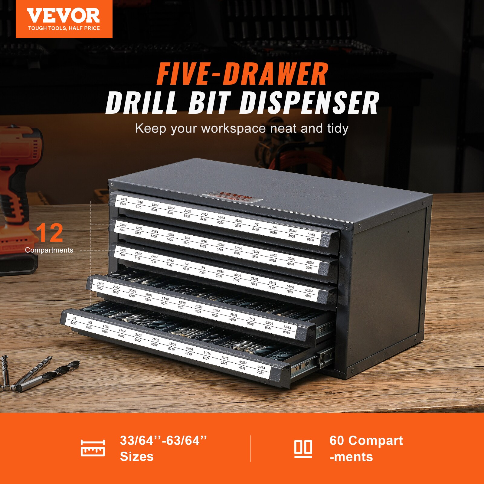 Dispensador de brocas de 33/64"-63/64" VEVOR 14.8 pulgadas Ancho x 7.9 pulgadas Alto x 7.9 pulgadas Profundidad 5 cajones Caja de herramientas de acero (negro) WCZTF33646364C1J0V0