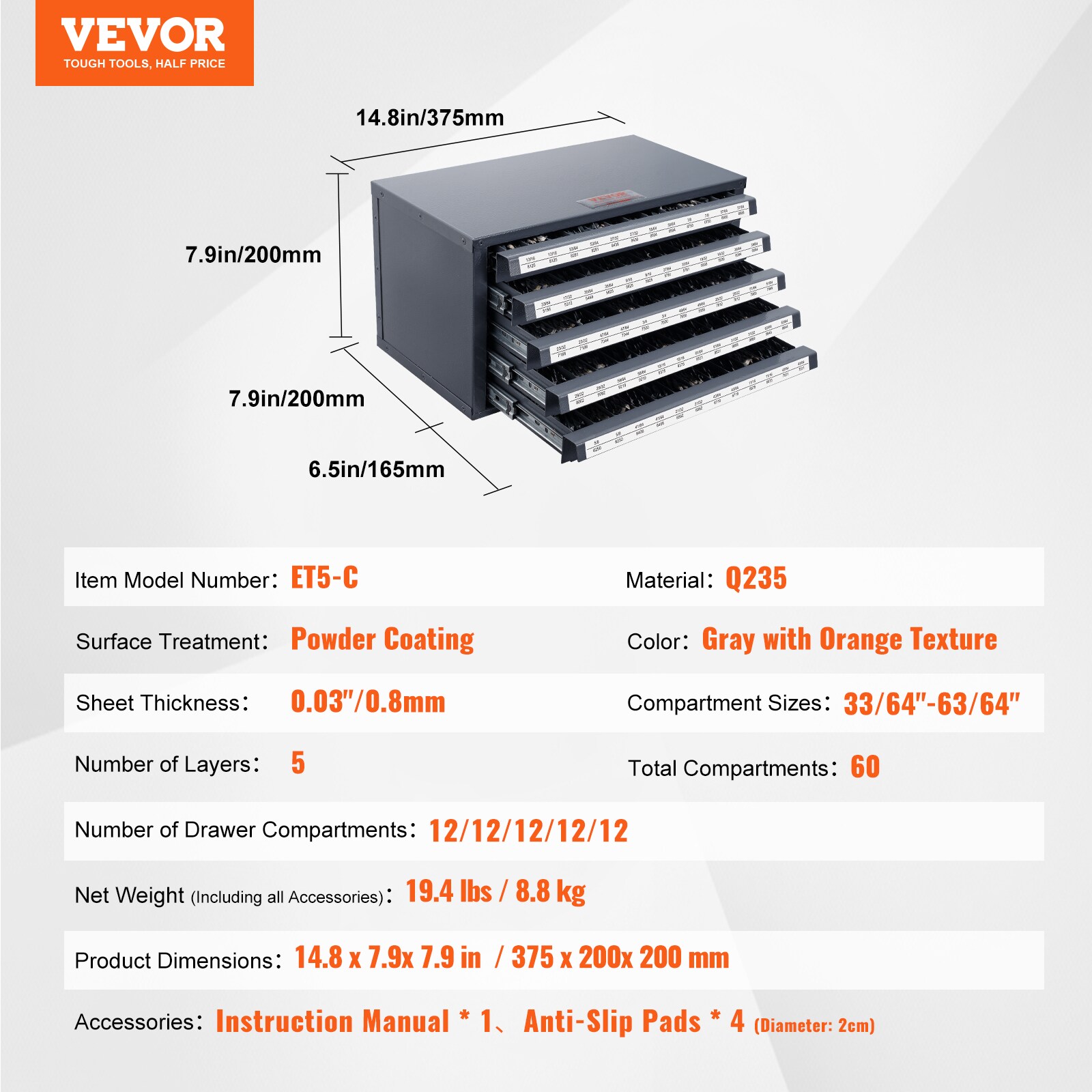 Dispensador de brocas de 33/64"-63/64" VEVOR 14.8 pulgadas Ancho x 7.9 pulgadas Alto x 7.9 pulgadas Profundidad 5 cajones Caja de herramientas de acero (negro) WCZTF33646364C1J0V0