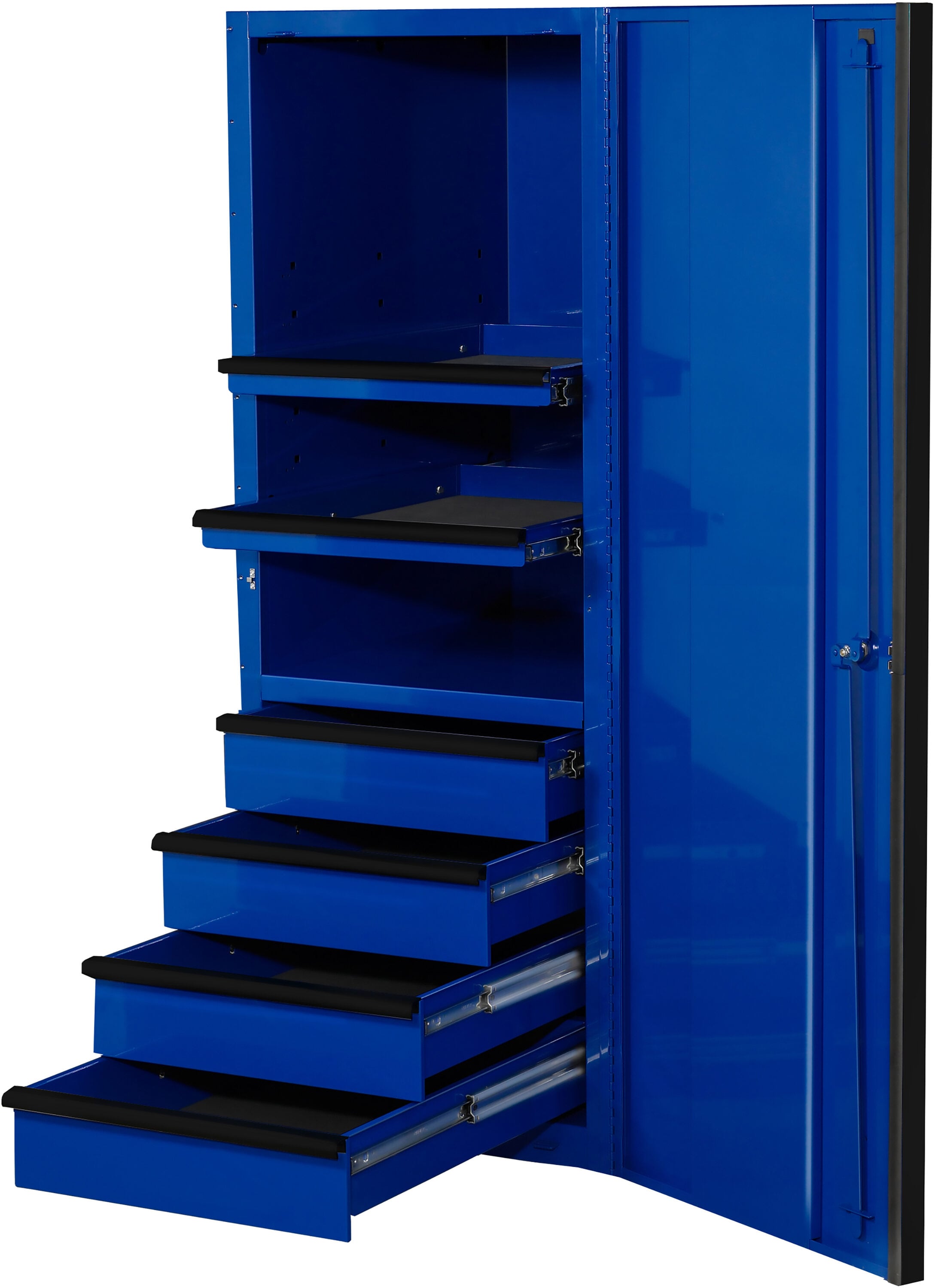 Cofre de herramientas de acero de 4 cajones de la serie profesional EX de Extreme Tools 24 pulgadas de ancho x 63.4 pulgadas de alto x 24 pulgadas de profundidad (Recubrimiento en polvo azul con jaladeras anodizadas negras) EX2404SCQBLBK