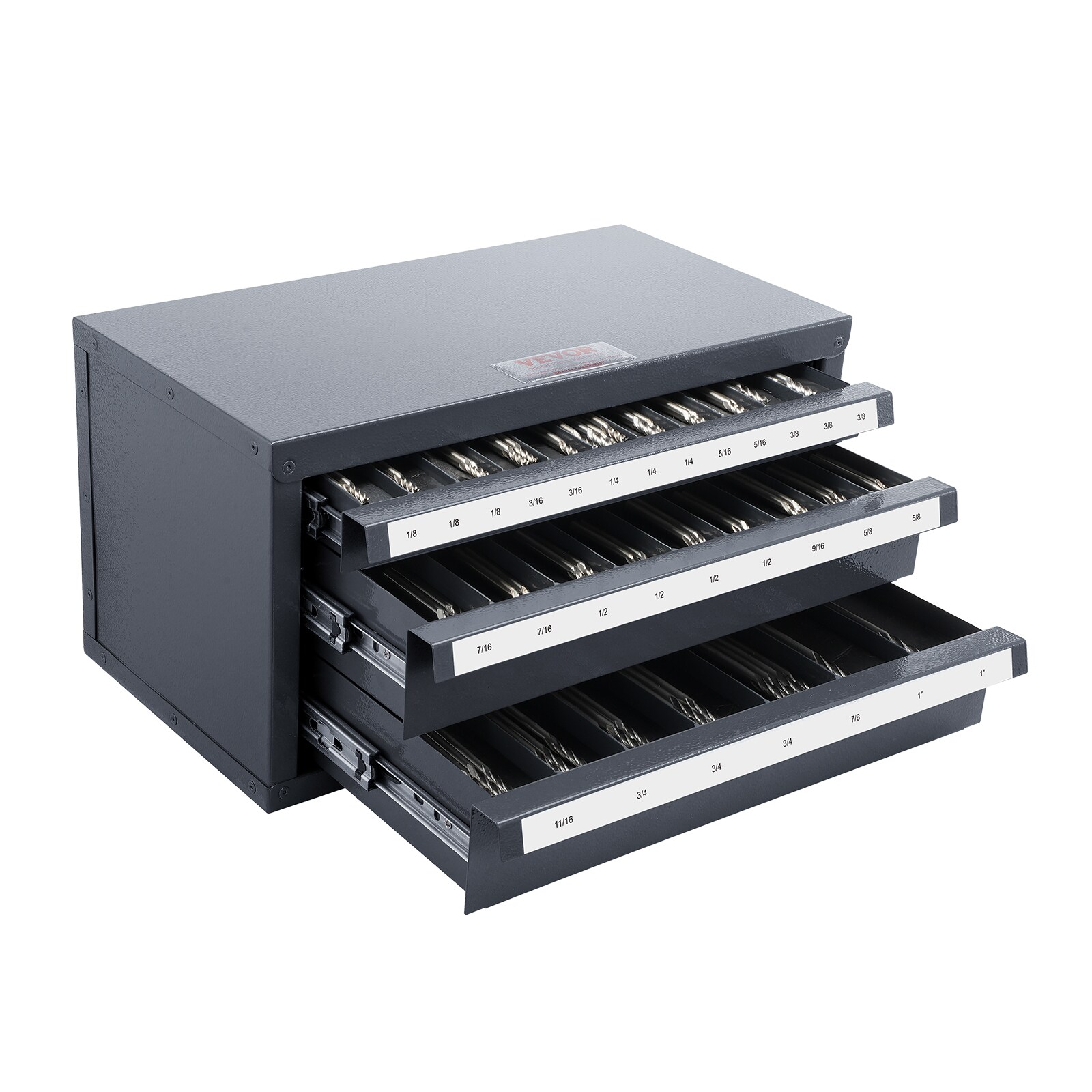 Exhibidor de brocas de 1/8"-1" VEVOR 14.8 pulgadas de ancho x 7.9 pulgadas de alto x 7.9 pulgadas de profundidad, caja de herramientas de acero de 3 cajones (negro) SCTLFPXD181926EBGV0