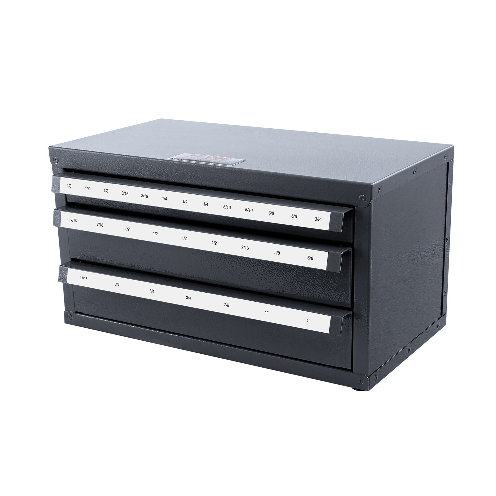 Exhibidor de brocas de 1/8"-1" VEVOR 14.8 pulgadas de ancho x 7.9 pulgadas de alto x 7.9 pulgadas de profundidad, caja de herramientas de acero de 3 cajones (negro) SCTLFPXD181926EBGV0