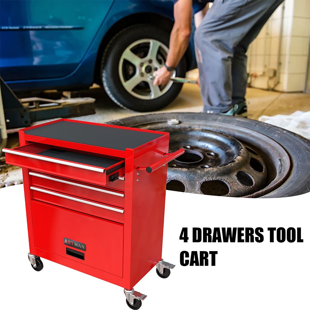 Cofre para herramientas de acero de 4 cajones de 13 pulgadas de ancho x 29.33 pulgadas de alto x 24.25 pulgadas de profundidad (rojo) TOOBOX-09