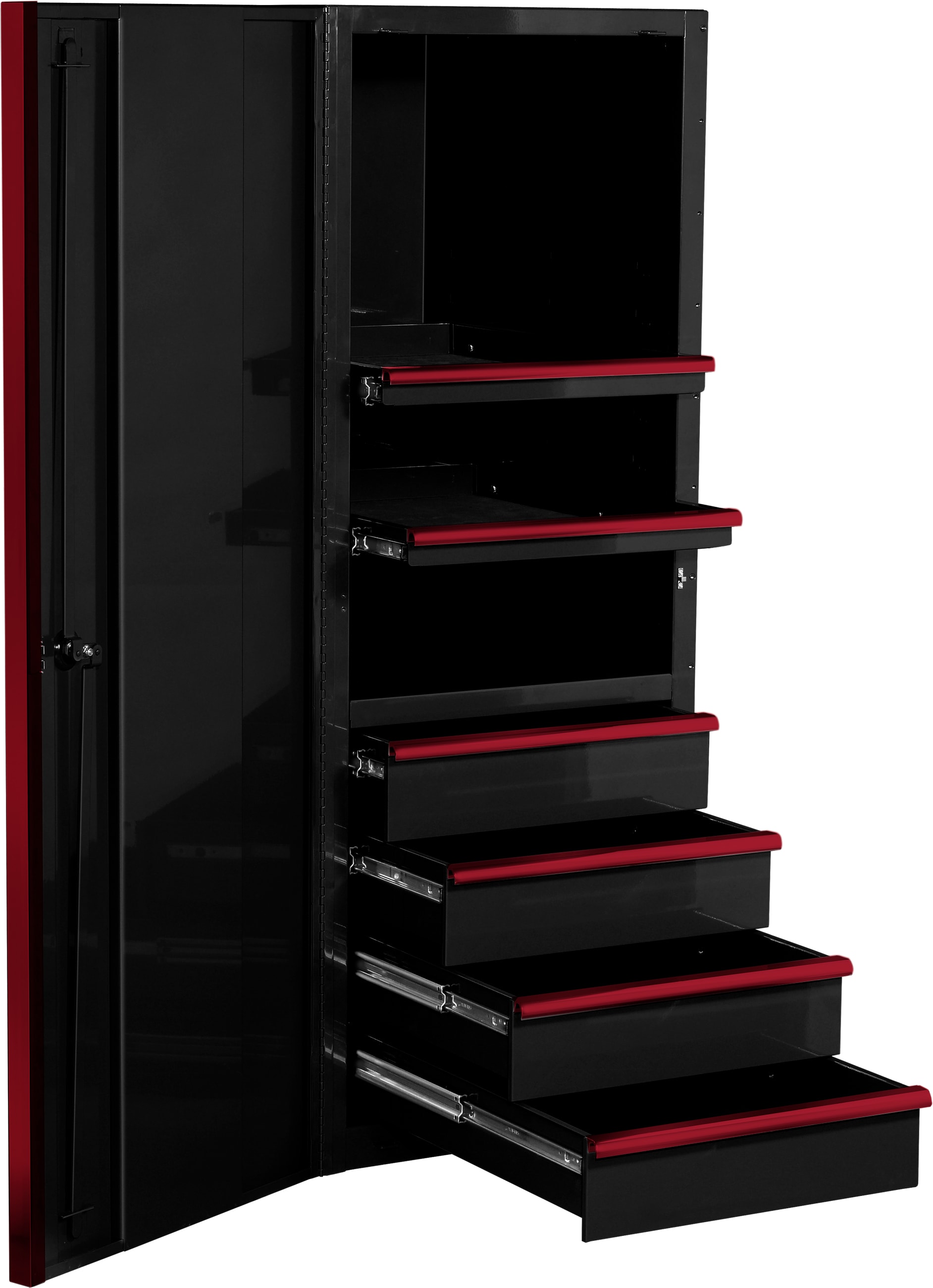 Gabinete de herramientas de acero de 4 cajones de la serie profesional EX de Extreme Tools de 24 pulgadas de ancho x 63.5 pulgadas de alto x 30 pulgadas de profundidad (ACABADO EN POLVO NEGRO con MANIJAS DE CAJÓN DE ALUMINIO ANODIZADO ROJO) EX2404SCQBKRD