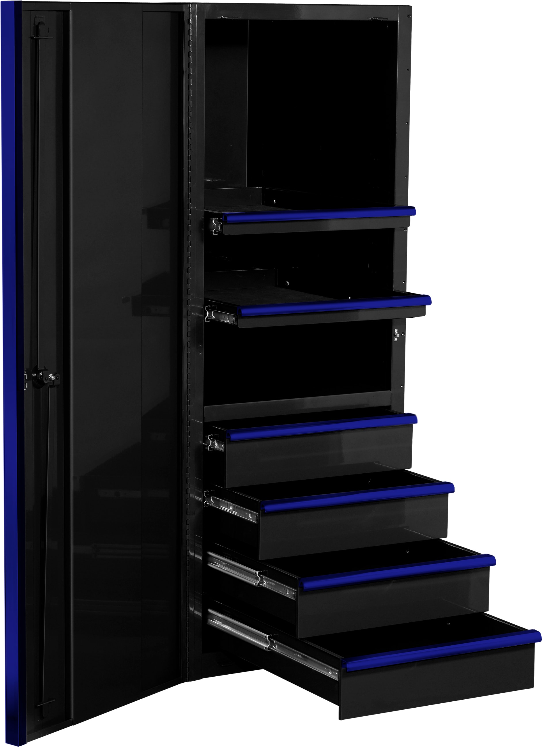 Cofre de herramientas de acero de 4 cajones con recubrimiento de polvo negro y asas de cajón anodizadas azules de la serie profesional EX de Extreme Tools, 24 pulgadas de ancho x 63.4 pulgadas de alto x 30 pulgadas de profundidad