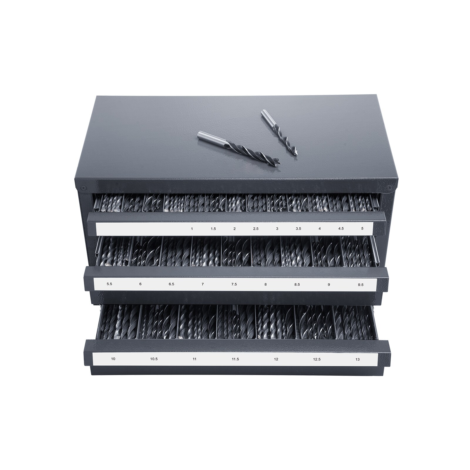 Dispensador de brocas VEVOR de 1mm-13mm 14.8 pulgadas de ancho x 7.9 pulgadas de alto x 7.9 pulgadas de profundidad, caja de herramientas de acero de 3 cajones (negro)