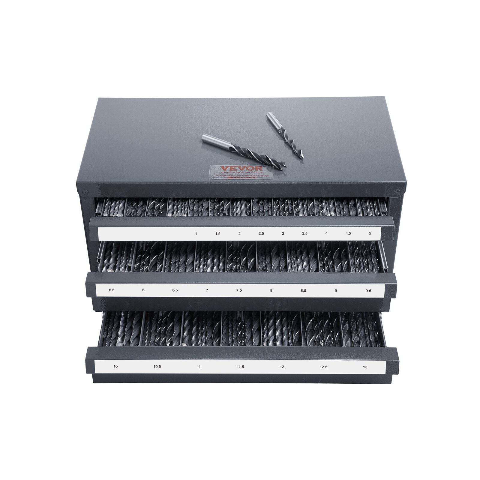 Dispensador de brocas VEVOR de 1mm-13mm 14.8 pulgadas de ancho x 7.9 pulgadas de alto x 7.9 pulgadas de profundidad, caja de herramientas de acero de 3 cajones (negro)