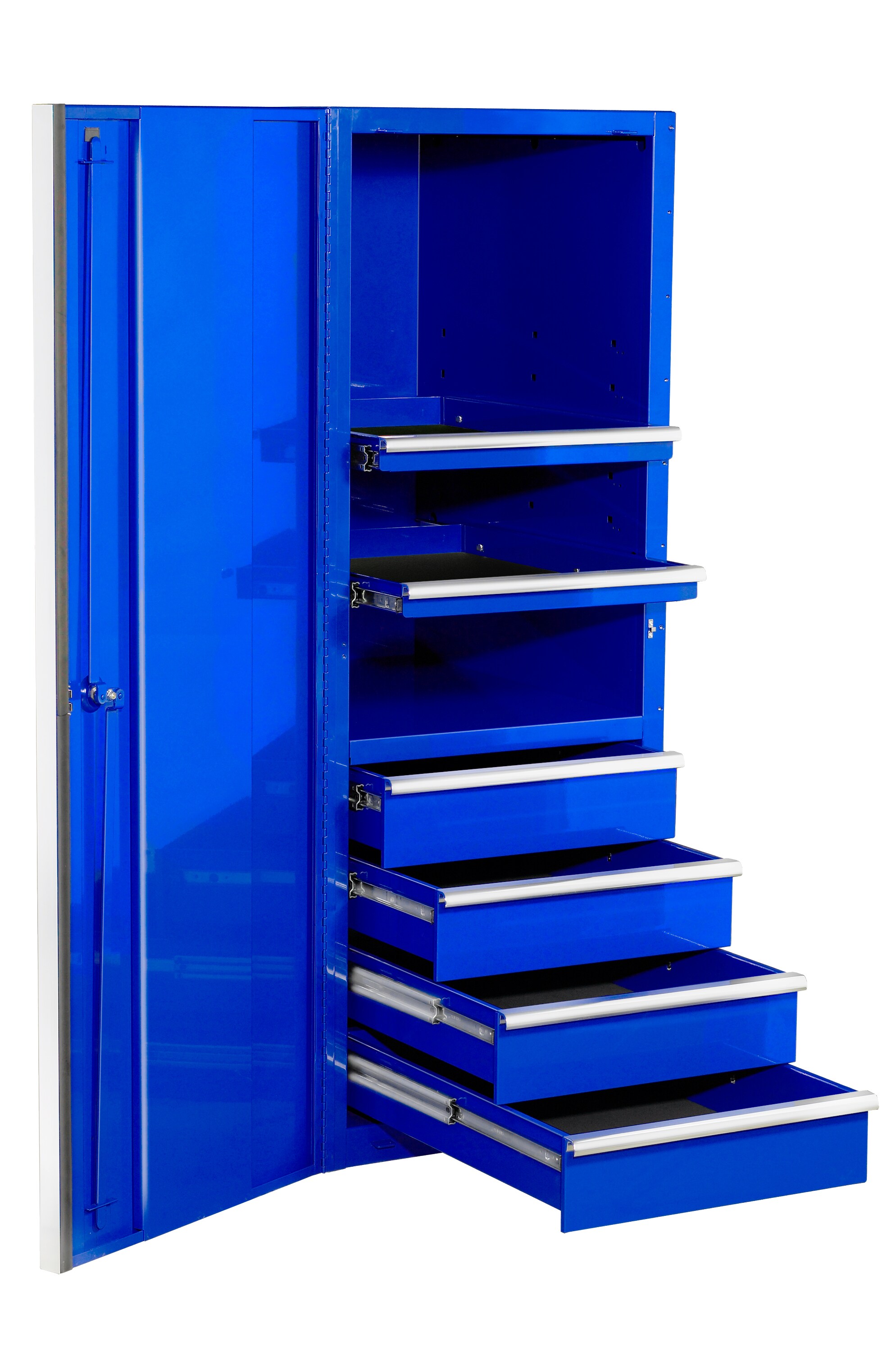 Cofre de herramientas de acero con 4 cajones de la serie profesional EX de Extreme Tools, 24 pulgadas de ancho x 63.5 pulgadas de alto x 30 pulgadas de profundidad (acabado en polvo azul con tiradores de cajón de aluminio anodizado cromado) EX2404SCQBLCR