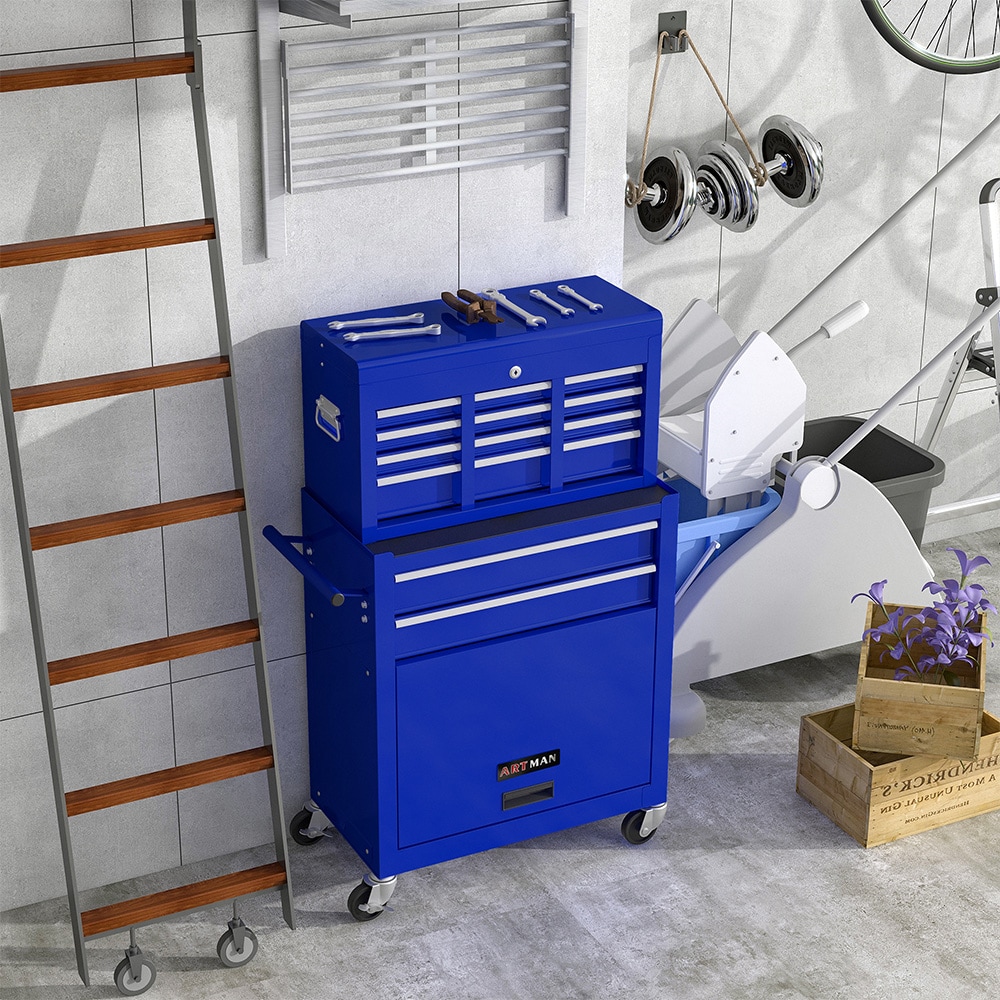 Gabinetes superiores para herramientas Runesay 13 pulgadas de ancho x 42.8 pulgadas de alto x 24.2 pulgadas de profundidad 8 cajones gabinete de herramientas de acero (azul) TOOBOX-05