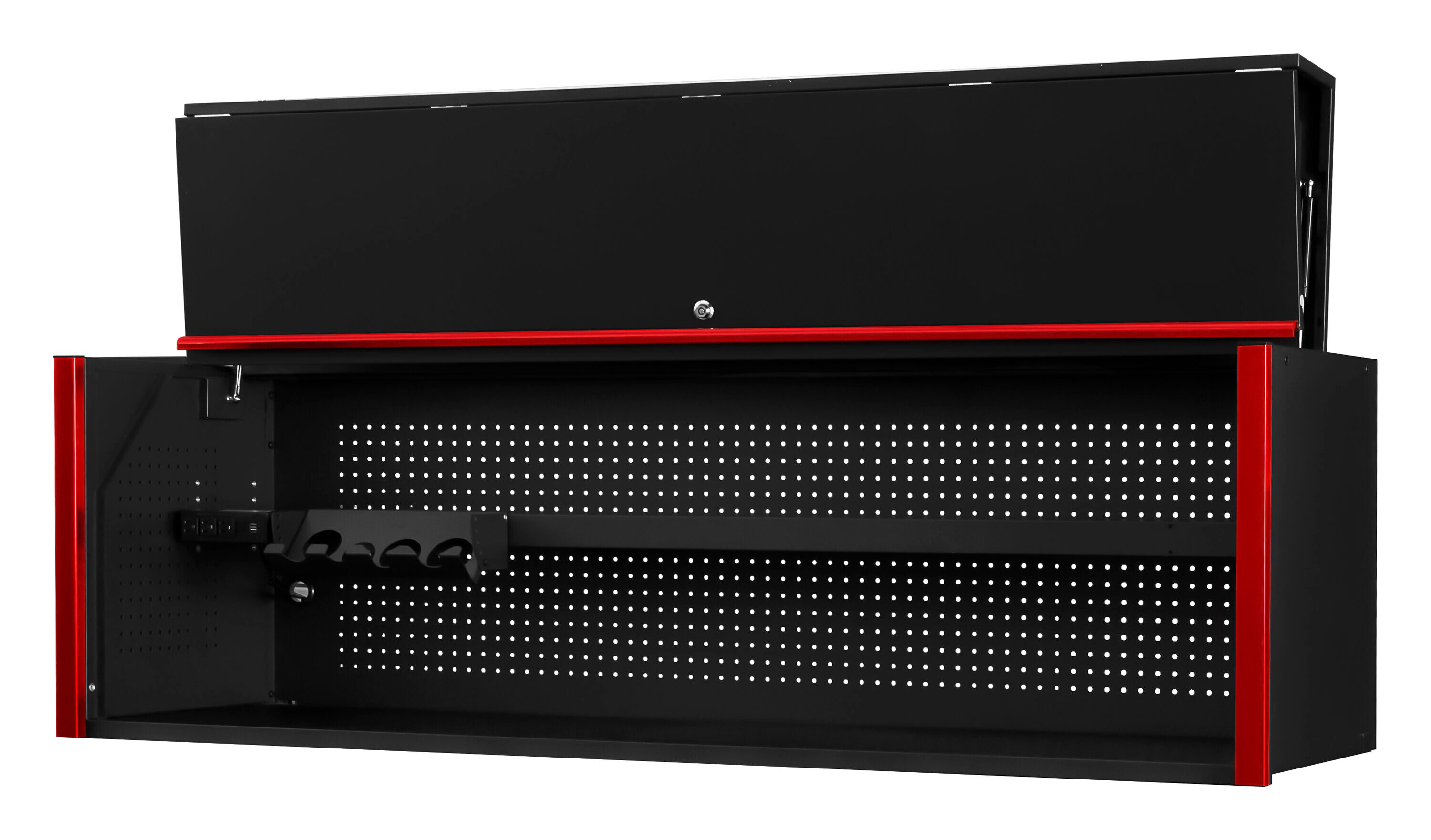 Gabinete de herramientas de acero Extreme Tools DX Series 71.94 pulgadas de ancho x 22.25 pulgadas de alto x 21 pulgadas de profundidad (Recubrimiento de polvo negro brillante con asa de recubrimiento de polvo rojo brillante) DX722101HCBKRD