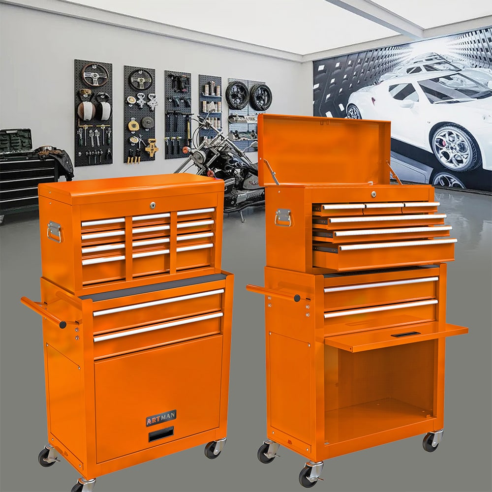 Gabinetes superiores para herramientas Runesay de 13 pulgadas de ancho x 42.8 pulgadas de alto x 24.2 pulgadas de profundidad con 8 cajones de acero (naranja) TOOBOX-08