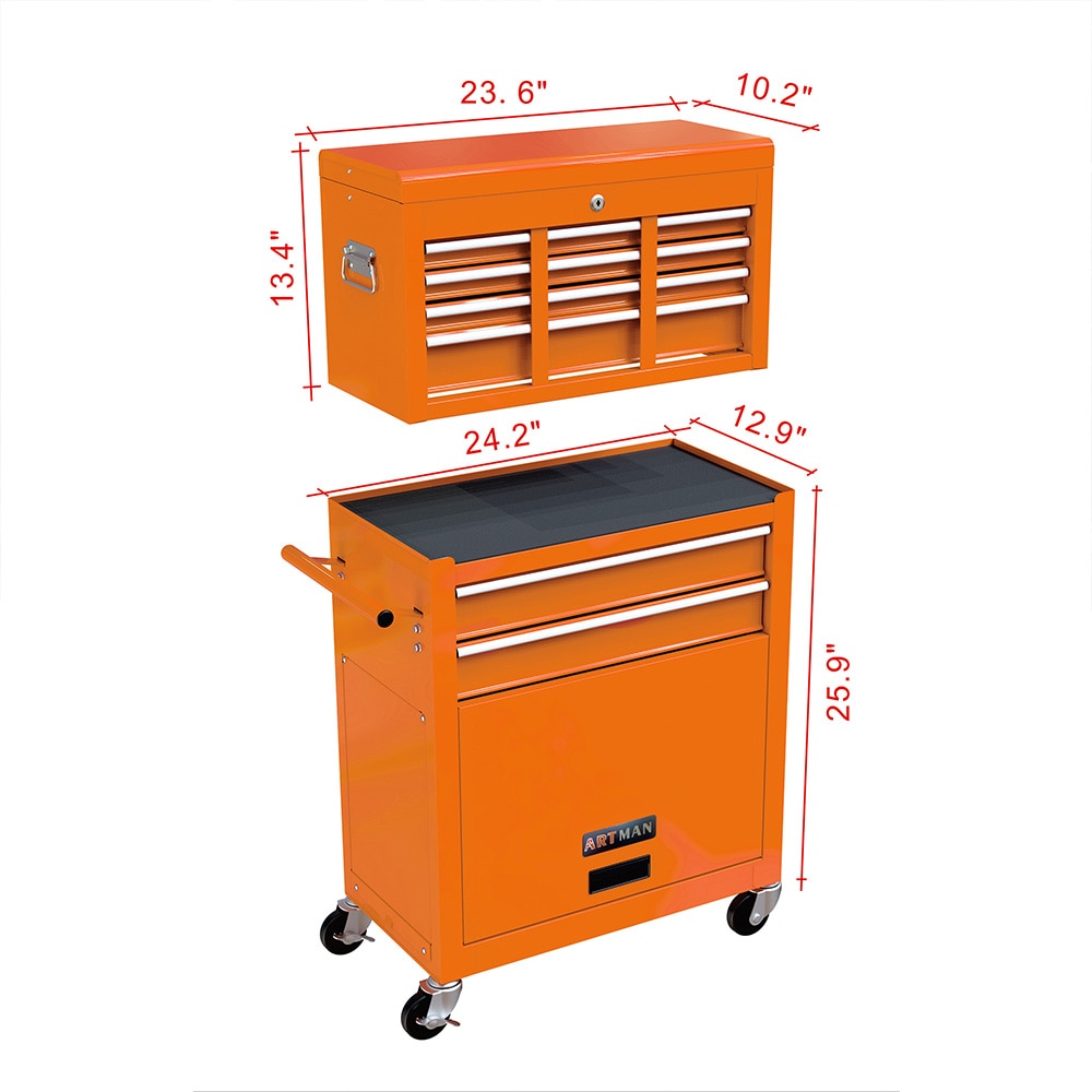 Gabinetes superiores para herramientas Runesay de 13 pulgadas de ancho x 42.8 pulgadas de alto x 24.2 pulgadas de profundidad con 8 cajones de acero (naranja) TOOBOX-08