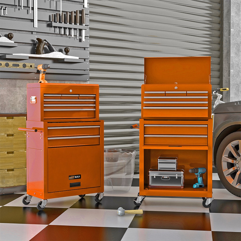 Gabinetes superiores para herramientas Runesay de 13 pulgadas de ancho x 42.8 pulgadas de alto x 24.2 pulgadas de profundidad con 8 cajones de acero (naranja) TOOBOX-08