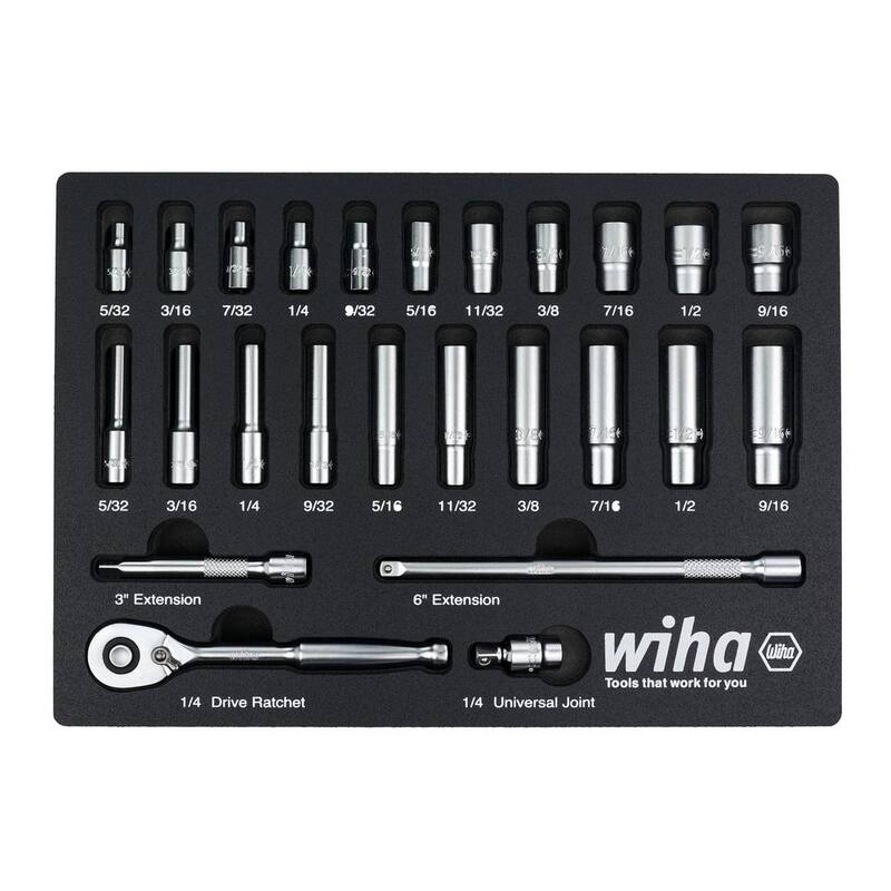 Juego de bandejas de enchufes profundos de 1/4 de pulgada de Wiha - SAE (25 piezas) Estándar profesional de unidad estándar - 33396