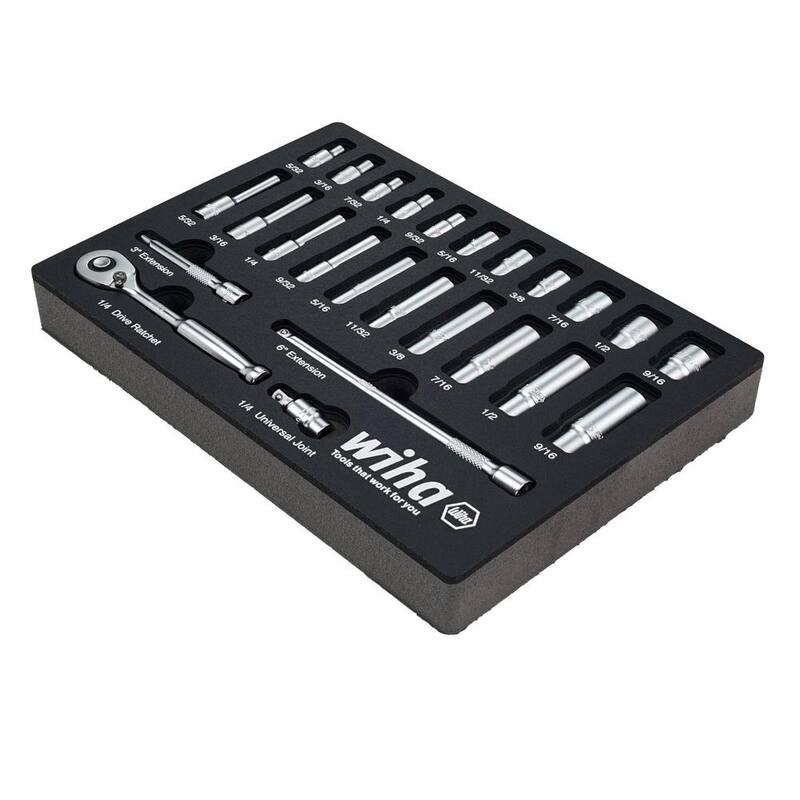 Juego de bandejas de enchufes profundos de 1/4 de pulgada de Wiha - SAE (25 piezas) Estándar profesional de unidad estándar - 33396