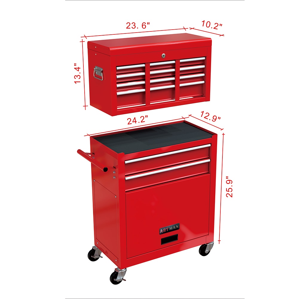 Cofre de herramientas de acero de 8 cajones Runesay Top, 13 pulgadas de ancho x 42.8 pulgadas de alto x 24.2 pulgadas de profundidad (rojo) TOOBOX-02
