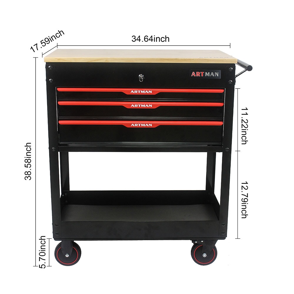 Cofre para herramientas de acero de 3 cajones Runesay Top, 17.51 pulgadas de ancho x 38.38 pulgadas de alto x 31.88 pulgadas de profundidad (negro) TOOBOX-04