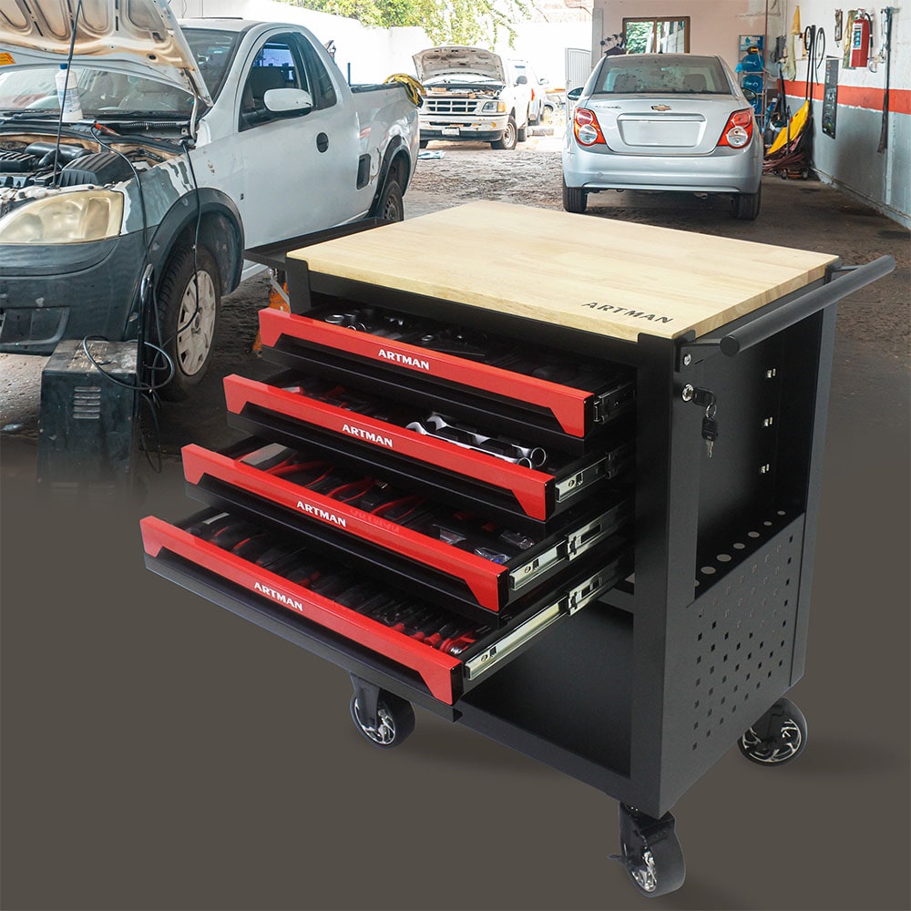 Cofres de herramientas superiores Runesay 17.9 pulgadas de ancho x 35.40 pulgadas de alto x 30.30 pulgadas de profundidad con 4 cajones de acero (negro) TOOBOX-13