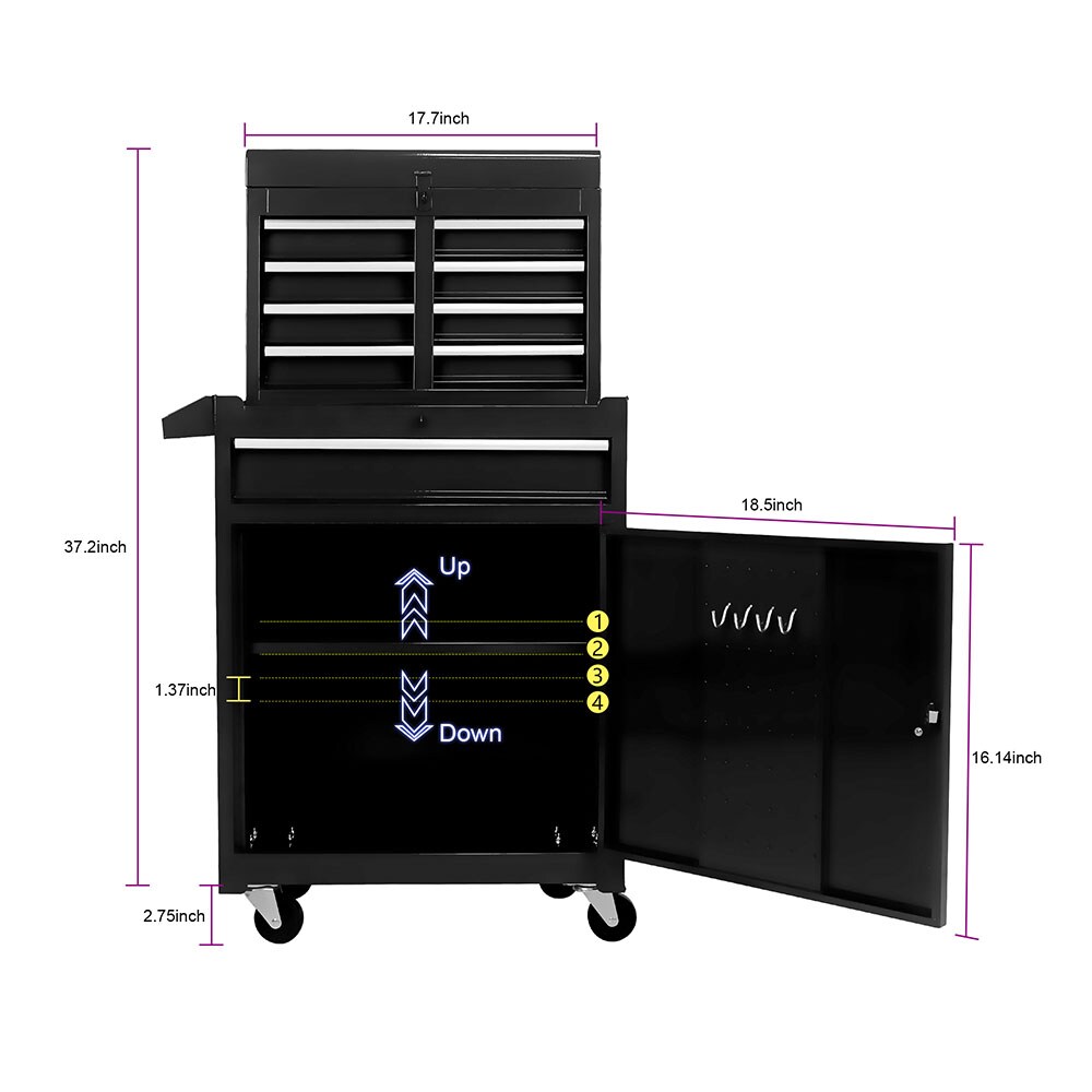 Gabinetes de herramientas superiores Runesay 11 pulgadas de ancho x 47.25 pulgadas de alto x 22.95 pulgadas de profundidad 5 cajones Gabinete de herramientas de acero (negro) TOOBOX-06