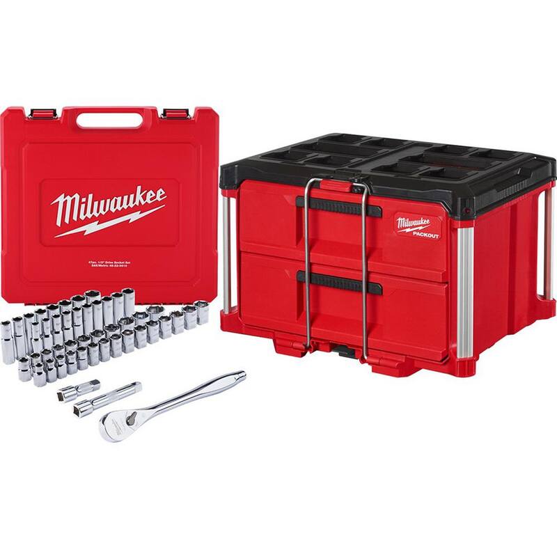 Juego de herramientas para mecánicos Milwaukee de 1/2 pulg. de accionamiento SAE/Métrico (47 piezas) con caja de herramientas de 2 cajones PACKOUT - 48-22-9010-48-22-8442.