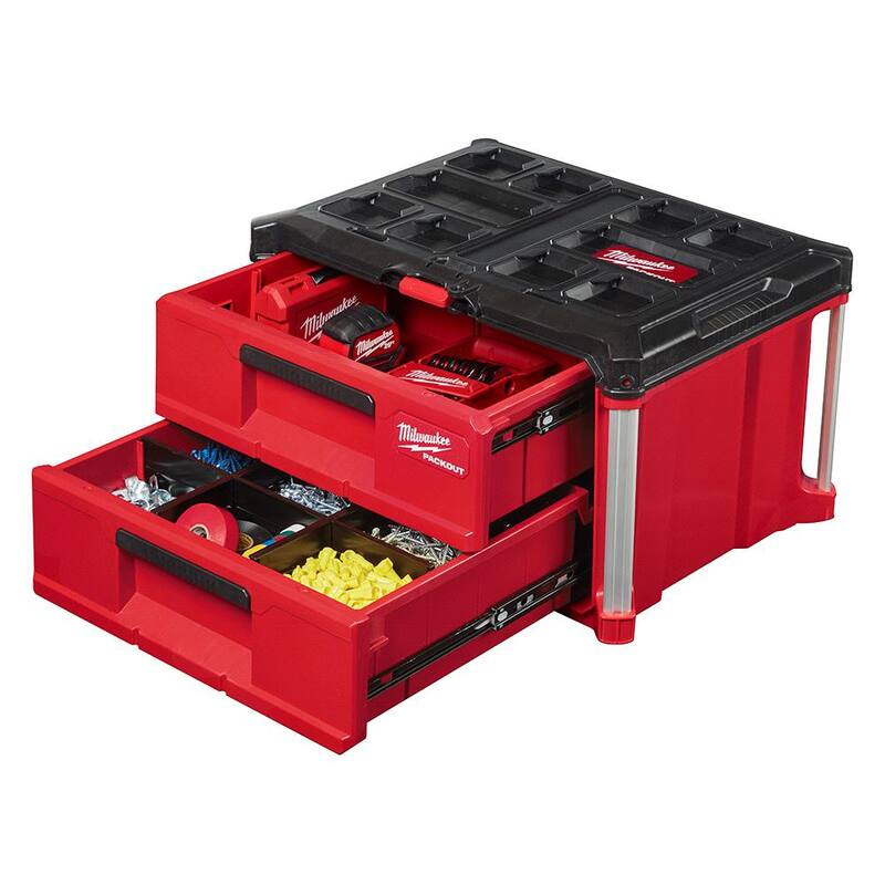 Juego de herramientas para mecánicos Milwaukee de 1/2 pulg. de accionamiento SAE/Métrico (47 piezas) con caja de herramientas de 2 cajones PACKOUT - 48-22-9010-48-22-8442.