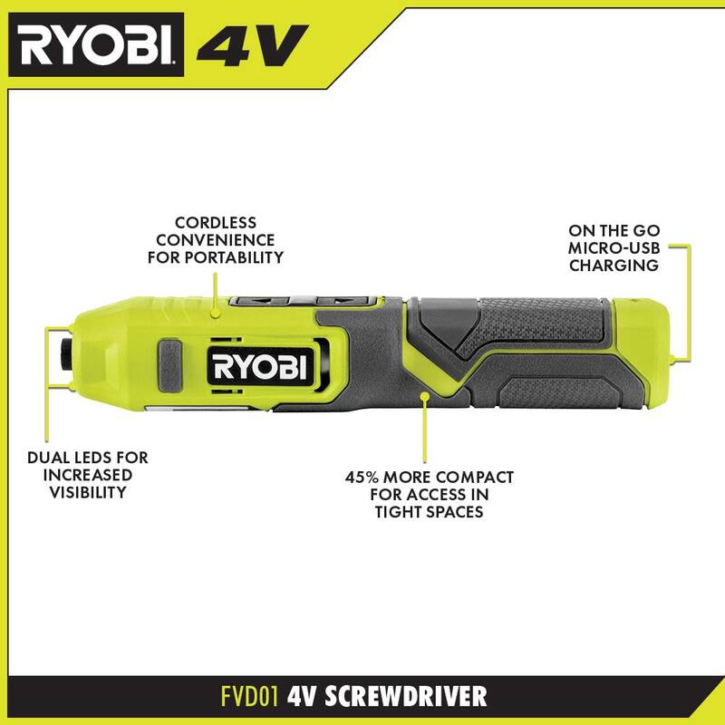 Destornillador inalámbrico RYOBI 4V de 1/4 pulgadas - FVD01K