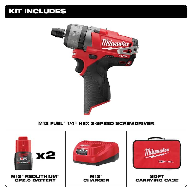 Milwaukee M12 FUEL 12V Kit de atornillador inalámbrico sin escobillas de 1/4 de pulgada con baterías de 2.0h y estuche - 2402-22