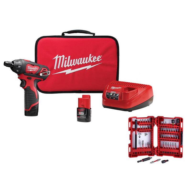 Milwaukee M12 12V Kit de destornillador inalámbrico de 1/4 de pulgada con batería de iones de litio y juego de puntas SHOCKWAVEDriver (45 piezas) - 2401-22-48-32-4023.