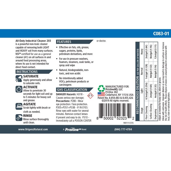 Limpiador Industrial Multiusos Origenz Natural 203 Concentrado; 4x1 Gal., 4PK - FPR75-HD-04X1-E725