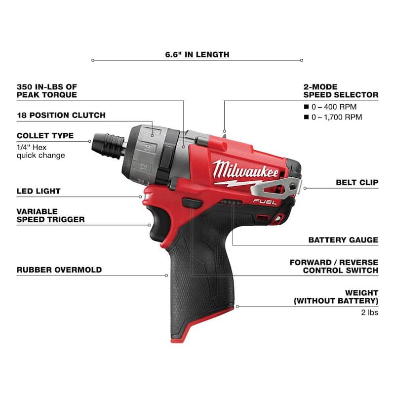 Milwaukee M12 FUEL 12V Destornillador inalámbrico sin escobillas de iones de litio de 1/4 pulgadas Hex 2 velocidades (herramienta solamente) - 2402-20