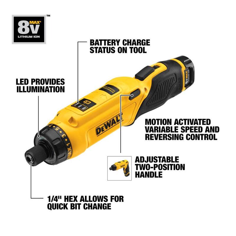 Destornillador inalámbrico giratorio DEWALT 8V MAX con mango ajustable, (1) batería de 1.0Ah, cargador y bolsa - DCF680N1