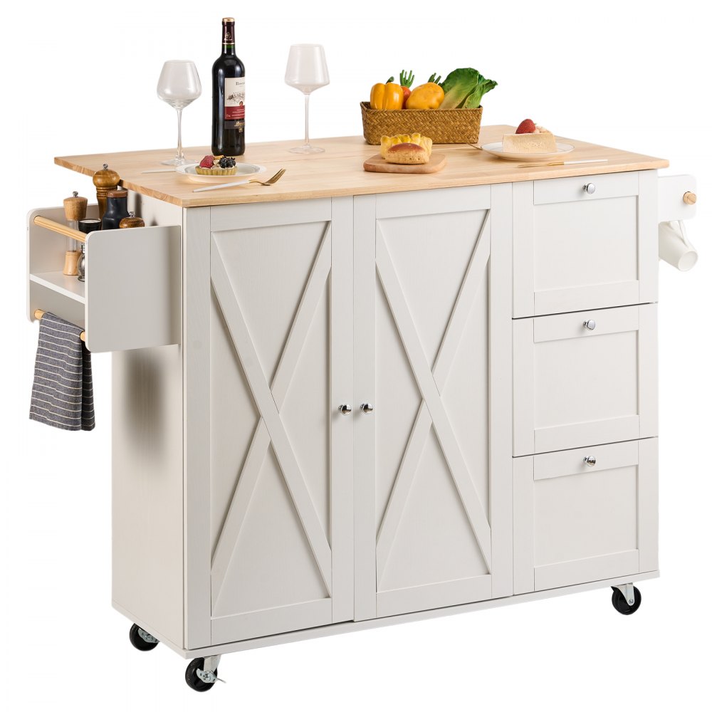 VEVOR Kitchen Island Cart with Solid Wood Top, 45.3" Width Mobile Carts with Storage Cabinet, Rolling Kitchen Table with Spice Rack, Towel Rack, Drop Leaf and Drawer, Portable Islands on Wheels, White - YDKCFDXJMDB32H9DDV0