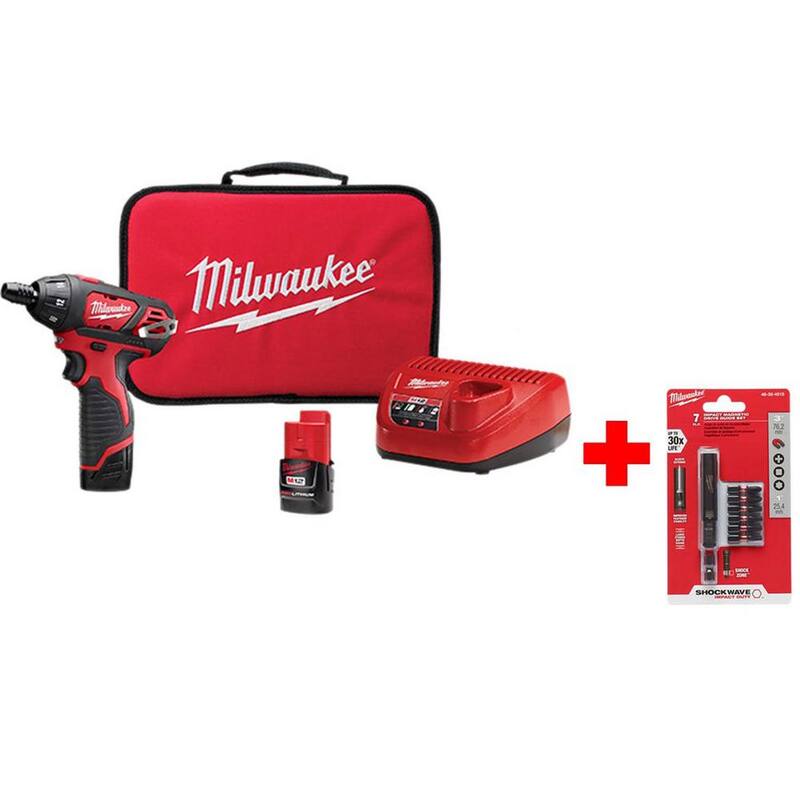 Milwaukee M12 12V Juego de Destornillador Inalámbrico de Iones de Litio de 1/4 de Pulgada con Dos Baterías de 1.5Ah, Cargador, Bolsa de Herramientas y Set de Puntas - 2401-22-48-32-4515