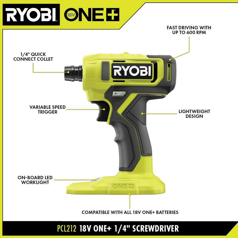 RYOBI ONE+ 18V Destornillador inalámbrico de 1/4 de pulgada con kit de batería de 1.5 Ah y cargador - PCL212K1