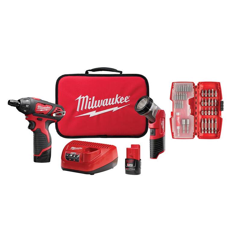 Kit Milwaukee M12 12V, destornillador/candado hexagonal con luz de trabajo LED inalámbrica de ion de litio de 1/4 de pulgada con (2) baterías de 1.5Ah, juego de puntas y bolsa - 2482-22
