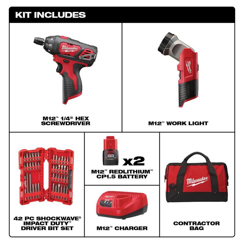Kit Milwaukee M12 12V, destornillador/candado hexagonal con luz de trabajo LED inalámbrica de ion de litio de 1/4 de pulgada con (2) baterías de 1.5Ah, juego de puntas y bolsa - 2482-22