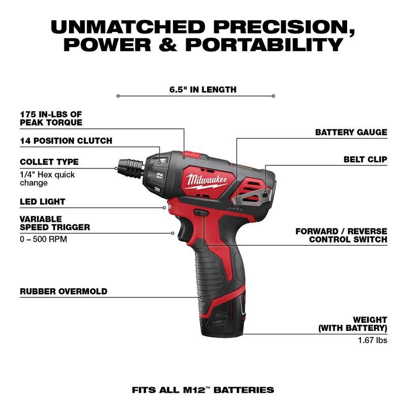 Kit Milwaukee M12 12V, destornillador/candado hexagonal con luz de trabajo LED inalámbrica de ion de litio de 1/4 de pulgada con (2) baterías de 1.5Ah, juego de puntas y bolsa - 2482-22
