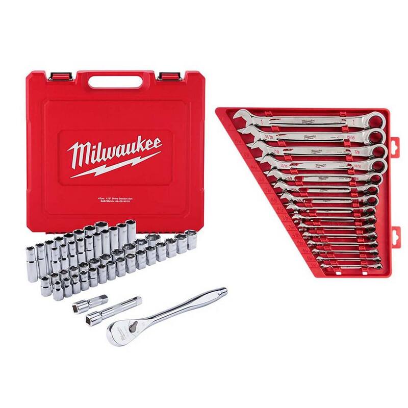 Set de herramientas para mecánicos con trinquete y sockets de 1/2 pulgadas SAE/métrico y juego de llaves combinadas de trinquete SAE (62 piezas) - 48-22-9010-48-22-9416