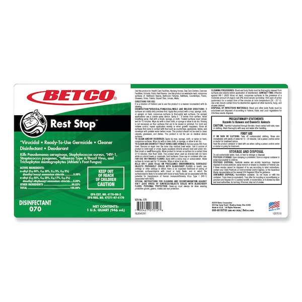 Limpiador para inodoros y baños Rest Stop sin ácido de Betco, aroma fresco a floral, botella de 32 oz, paquete de 12 - 0701200